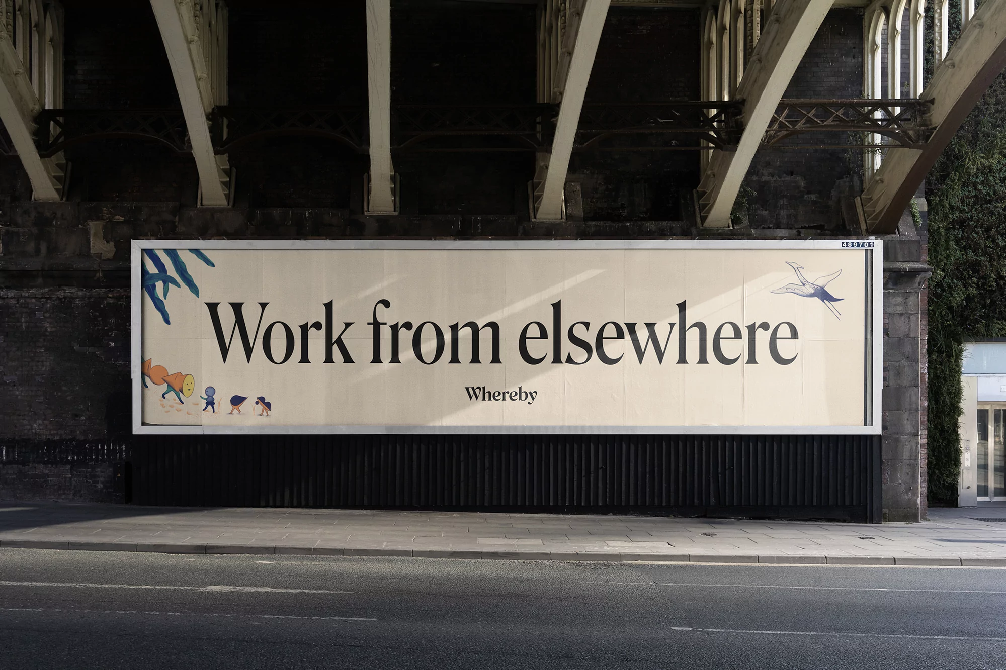 Outdoor billboard with 'Work from elsewhere' typography, illustrated characters, and a bird illustration on an advertising panel.