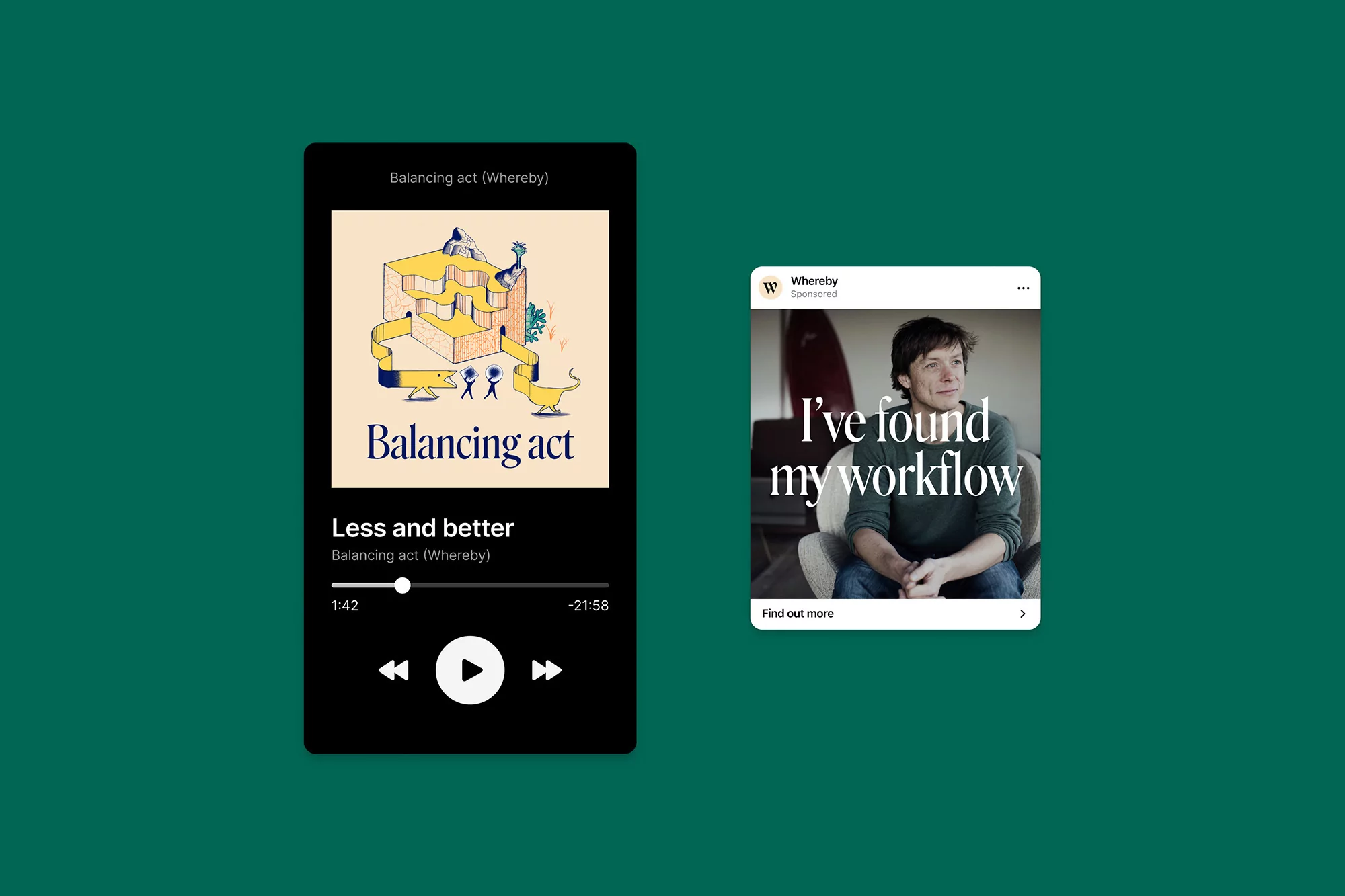 A composite image displays a podcast app and a social media post featuring a person, set against a solid dark-green backdrop.