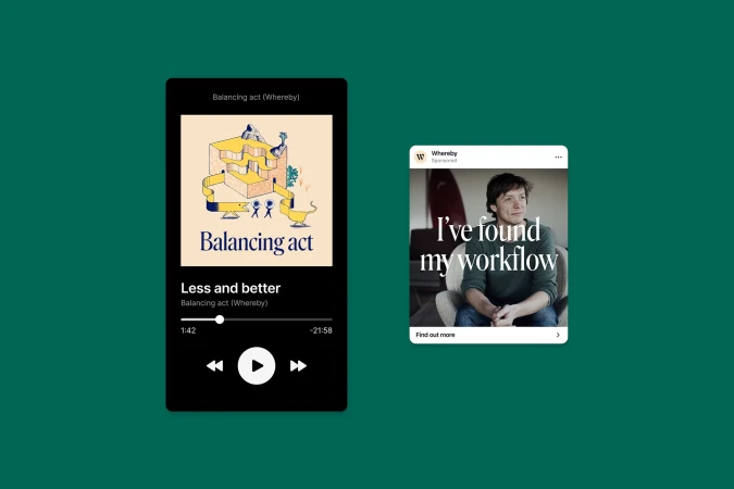 A composite image displays a podcast app and a social media post featuring a person, set against a solid dark-green backdrop.