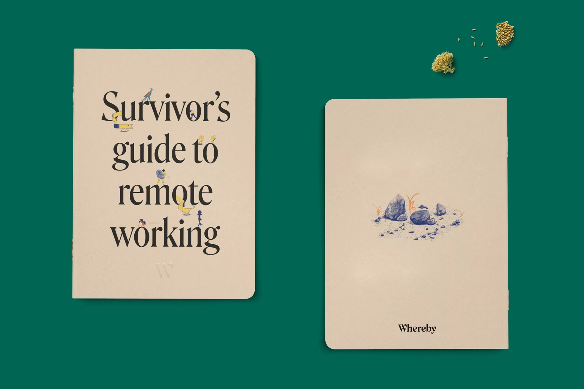 Two beige-covered books with the title 'Survivor's Guide to Remote Working' and a small illustration of rocks on a green surface.