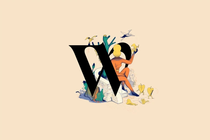 Illustration of a person sitting with legs crossed amidst abstract shapes, plants, birds, and a black letter 'V' on a beige background.