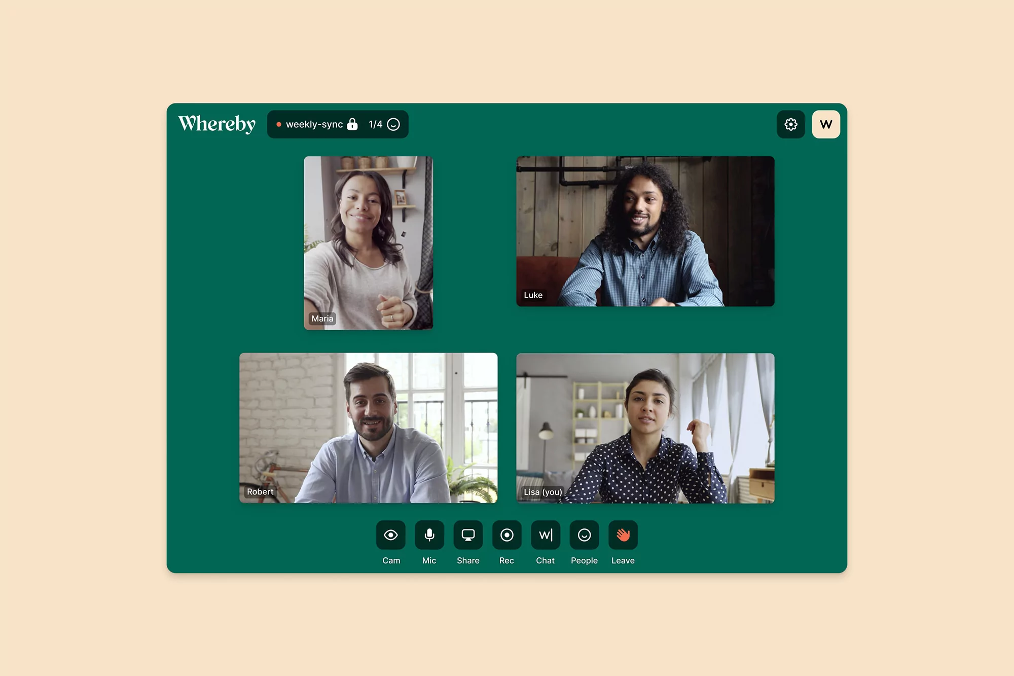 Four adults participate in a Whereby video call displayed on a screen with interface buttons: camera, mic, share, rec, chat, people, and leave.