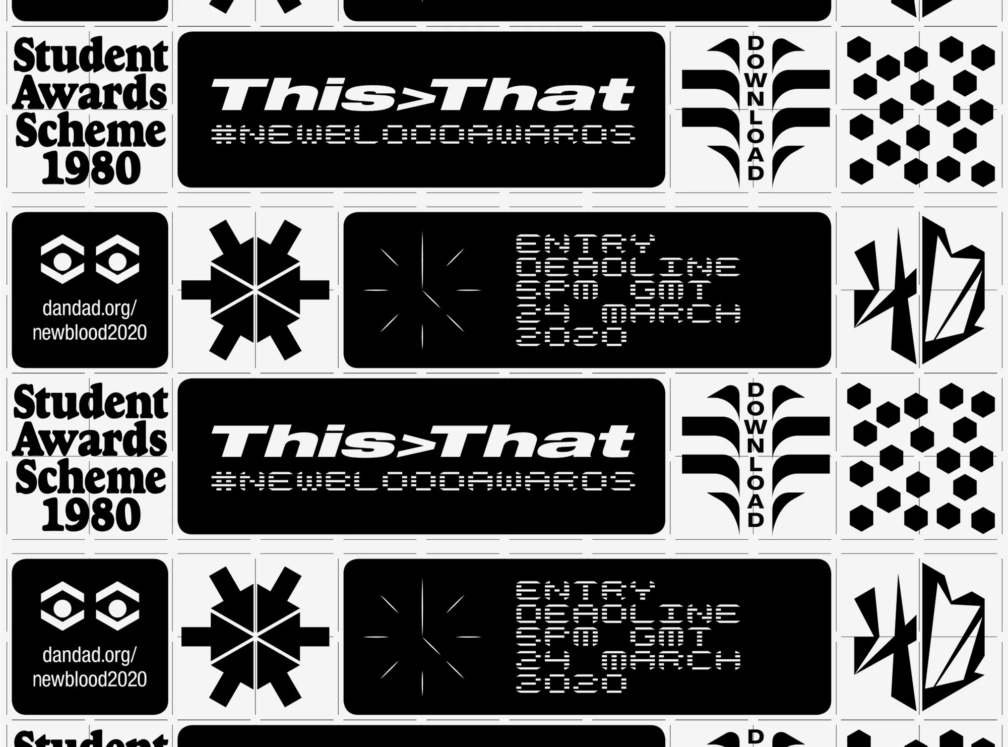 Graphic design features black and white geometric patterns, text elements including 'Student Awards Scheme 1980,' and digital-style fonts.