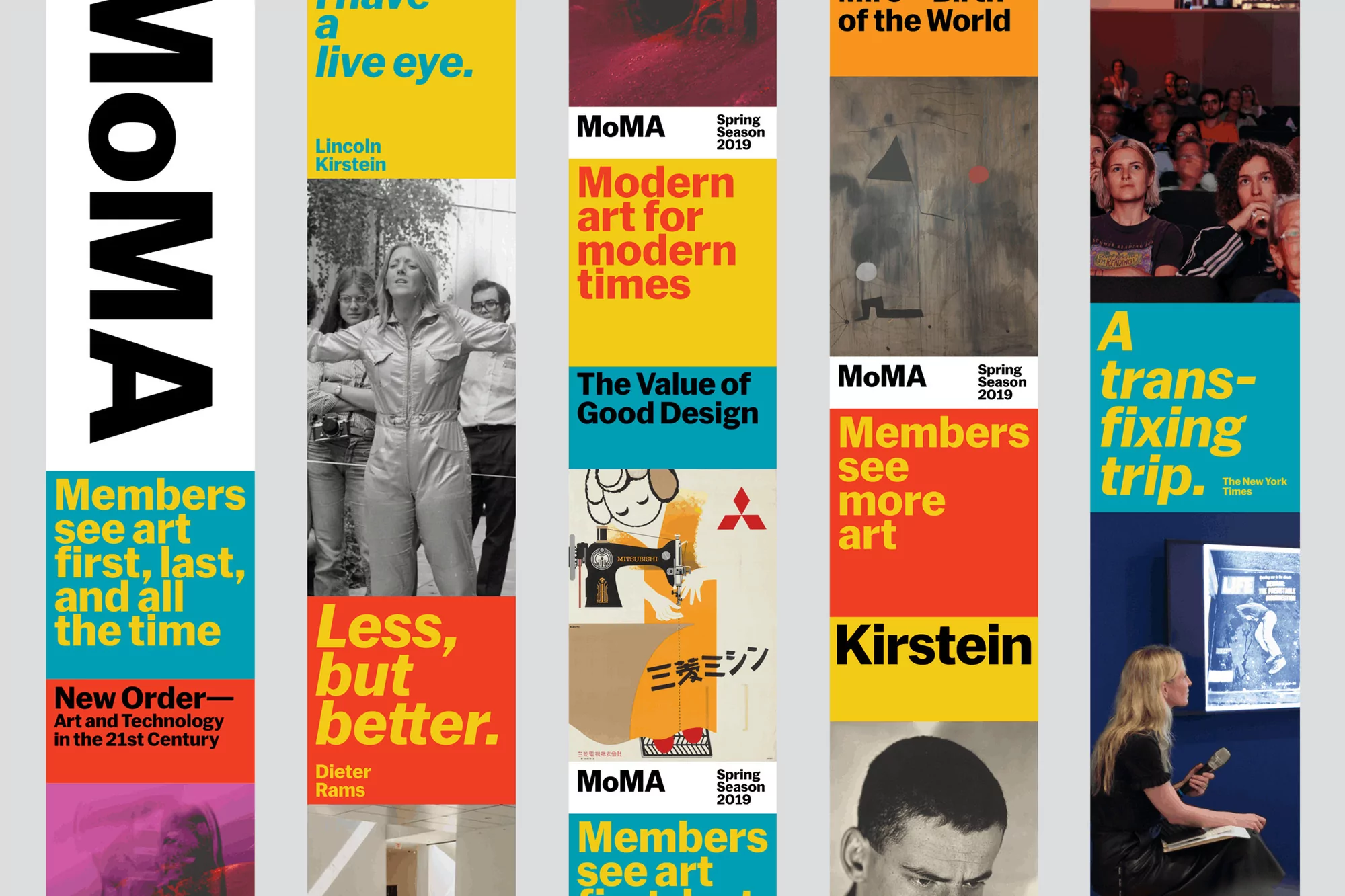Museum of Modern Art (MoMA) posters with various designs and typography, promoting exhibitions, member benefits, and art-related topics.