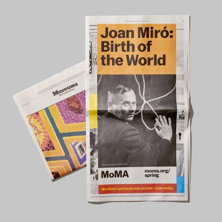 Museum advertisement featuring Joan Miró in The New York Times newspaper, promoting an exhibit at MoMA in spring.