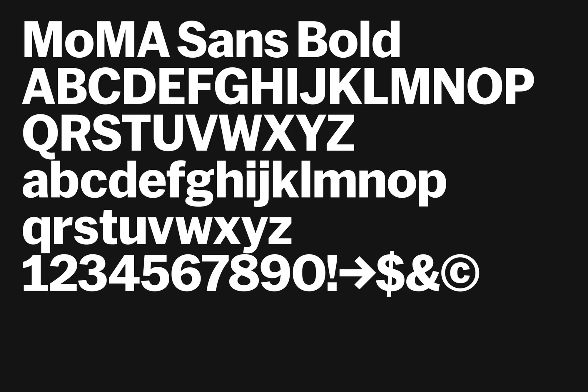 White MoMA Sans Bold typeface displayed against a black background, including the alphabet, numbers, and symbols.