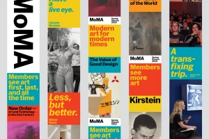 MoMA brand identity graphic design vertical banners featuring typography, photography, and colorful blocks