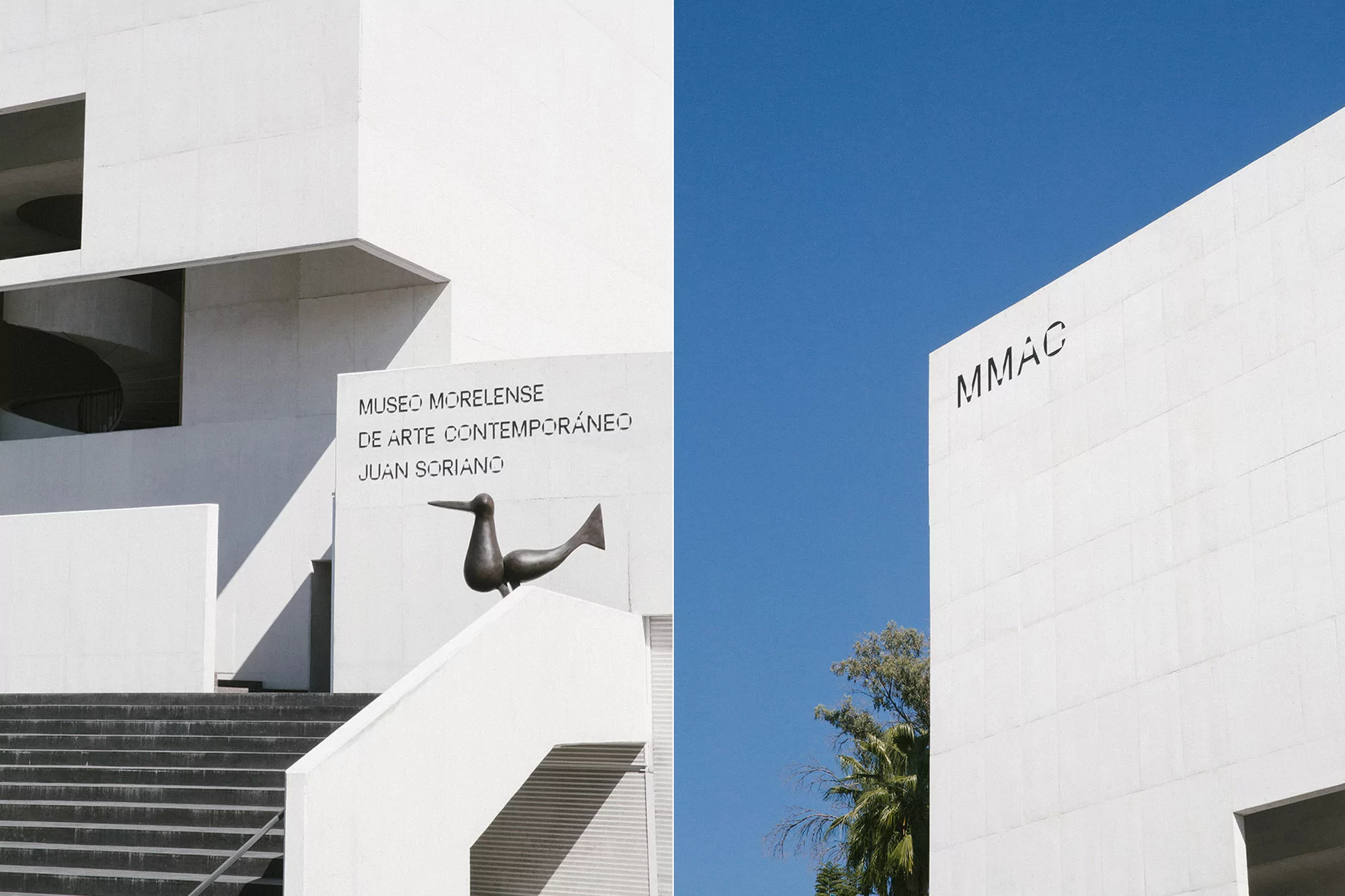 Exterior daytime shot of the Museo Morelense de Arte Contemporáneo Juan Soriano, featuring modern architecture, a bird sculpture, and stairs.