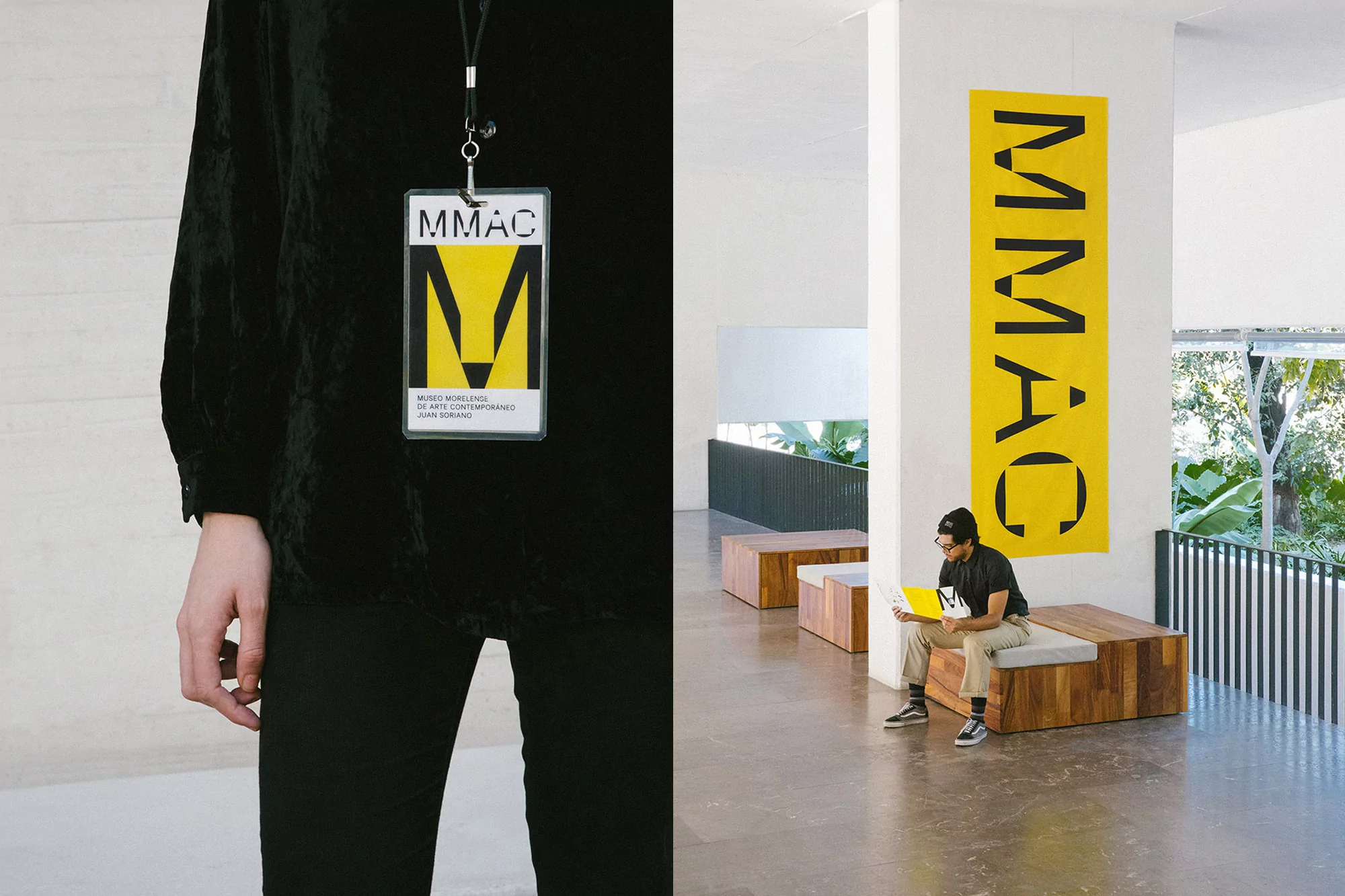 Person in black top holds MMAC museum badge as another person sits on bench in sunlit modern museum interior. Modern architecture.