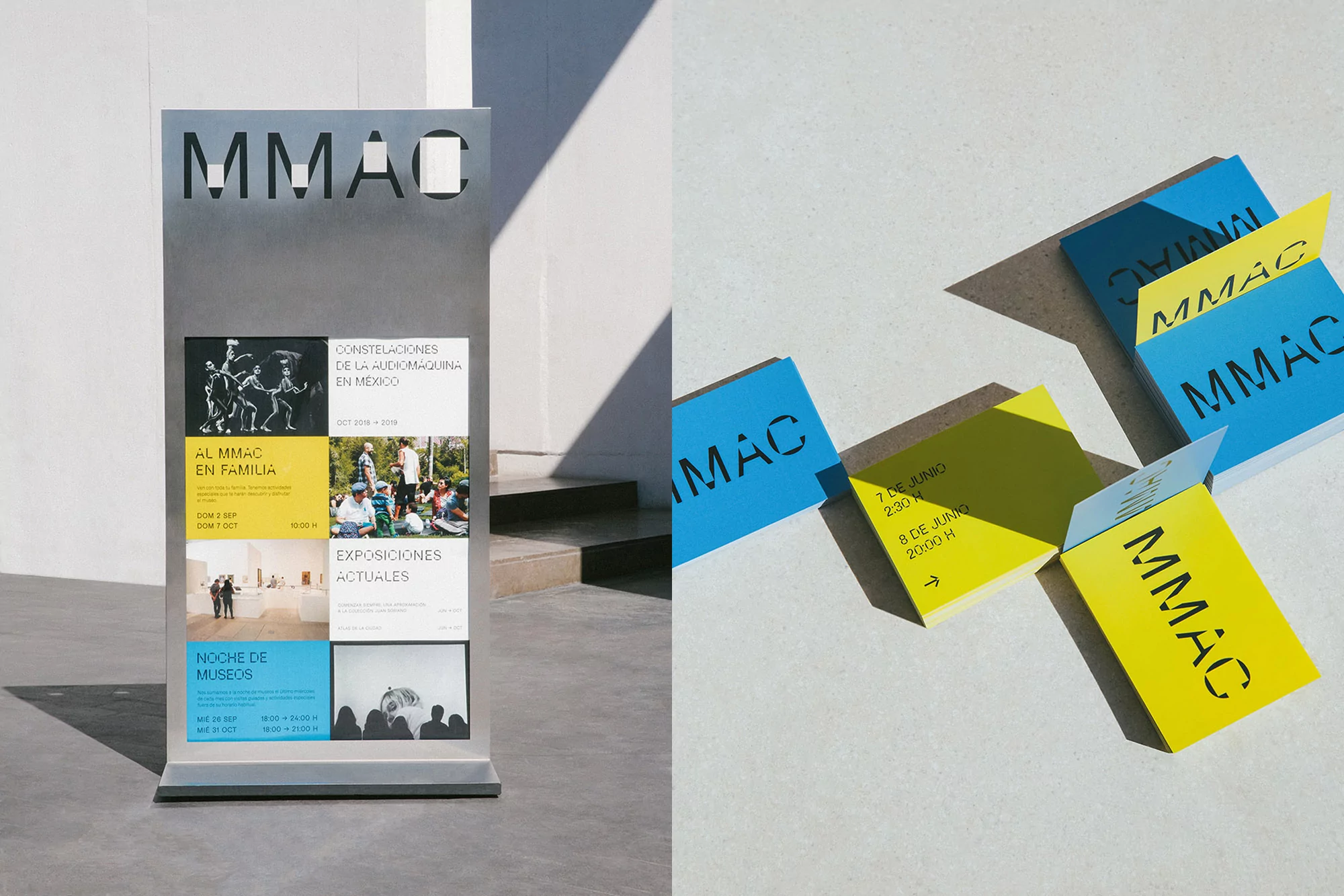 Outdoor signage displays museum event posters, complemented by printed museum event cards, all featuring the MMAC logo and blue and yellow colors.