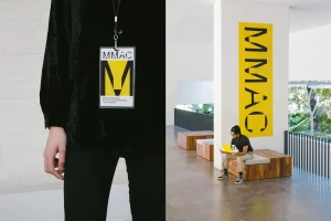 Close-up of a lanyard pass with the MMAC logo and a wide shot of a man sitting on a wooden bench in a modern interior.