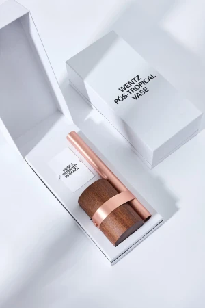 Product packaging for the Wentz Pos Tropical Vase featuring a wooden vase and metallic rod in a white box
