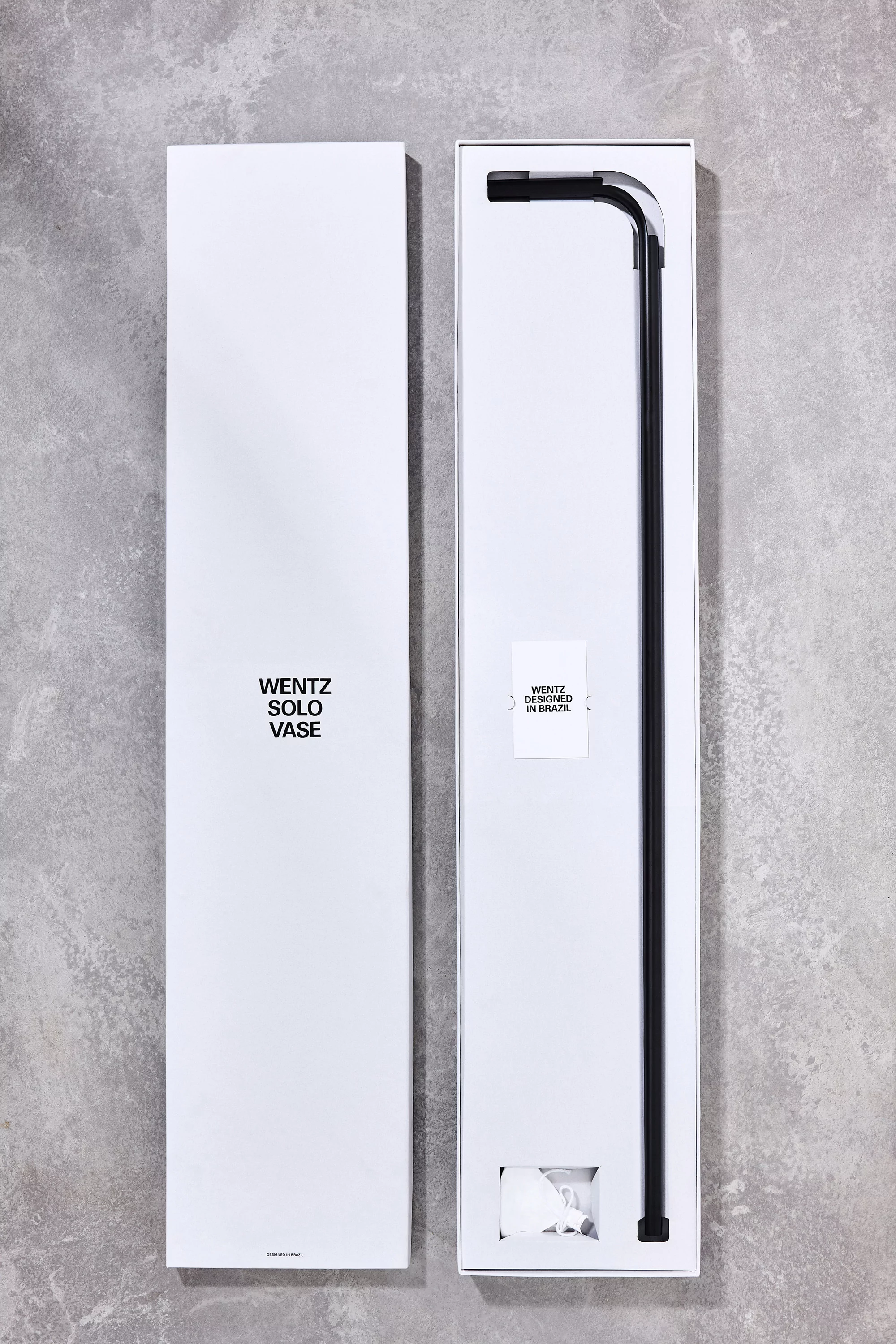 Wentz Solo Vase in open packaging showing a long black rod with a 90-degree bend at the top, minimalist product presentation.