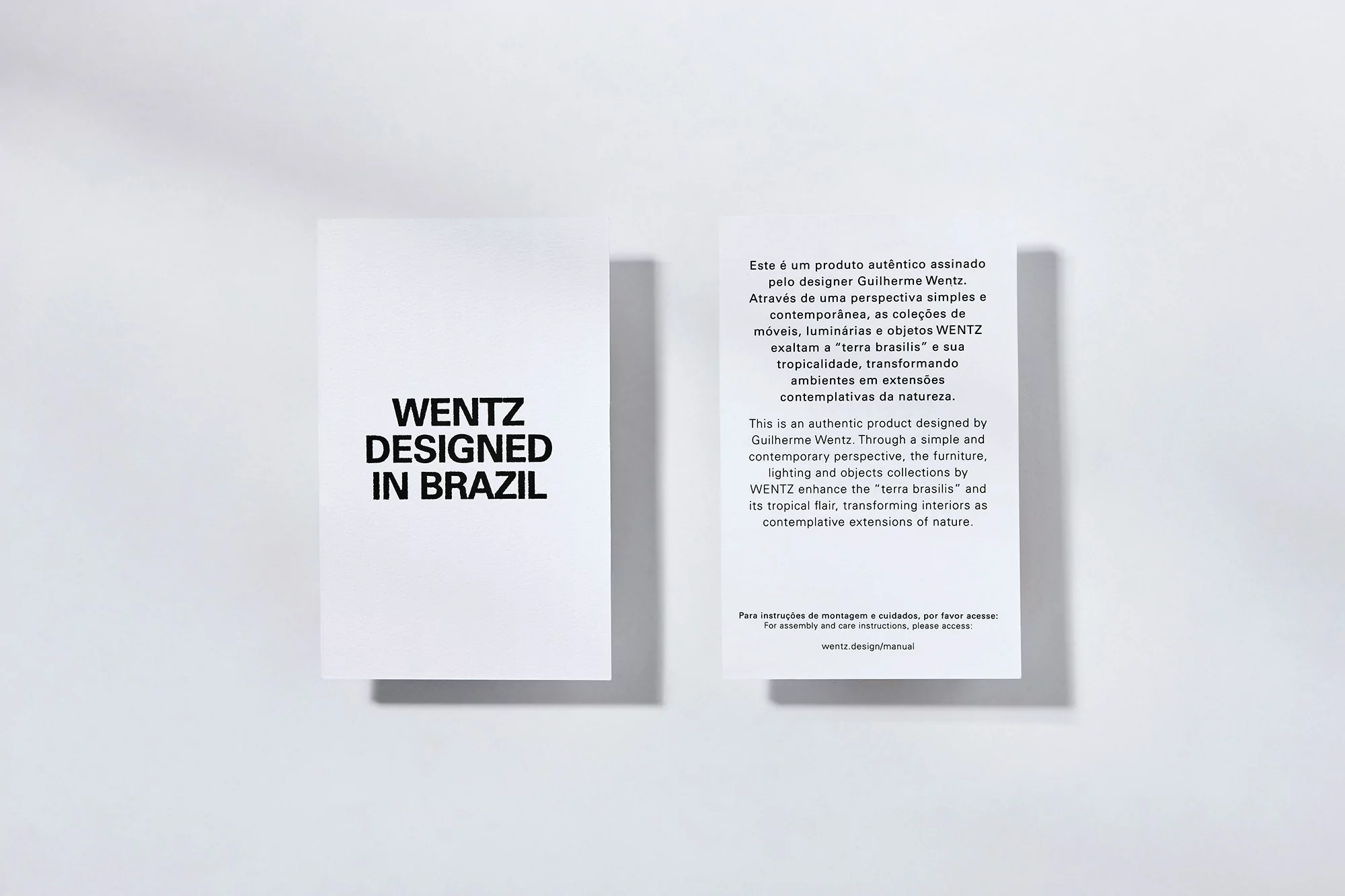Two Wentz Design product information cards against a white background, featuring product details and brand messaging.