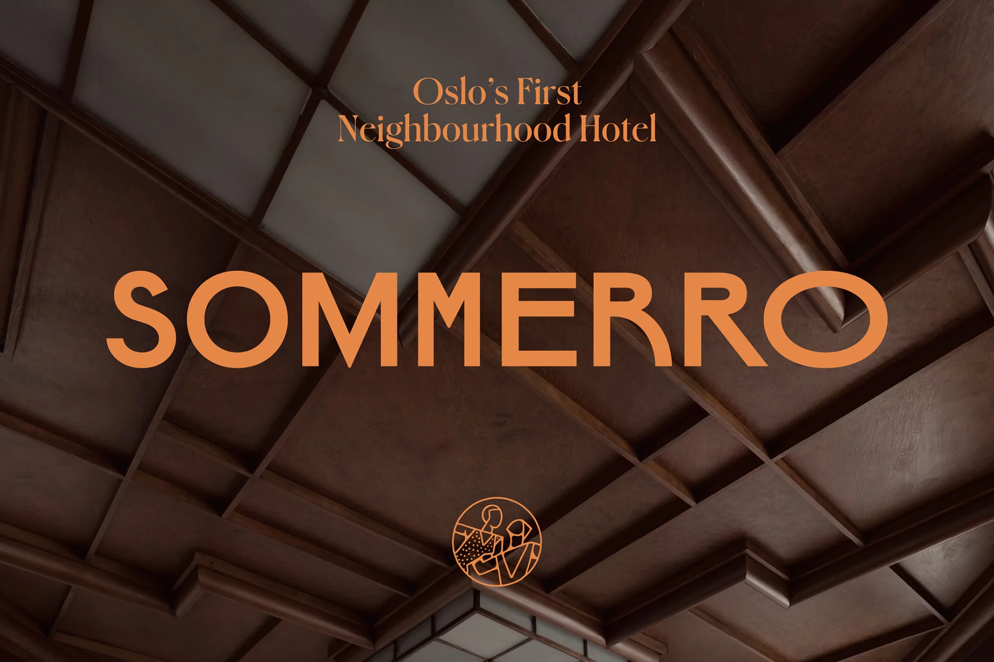 Geometric ceiling with wood panels and 'Sommerro' text, creating a textured background and modern architectural interior.