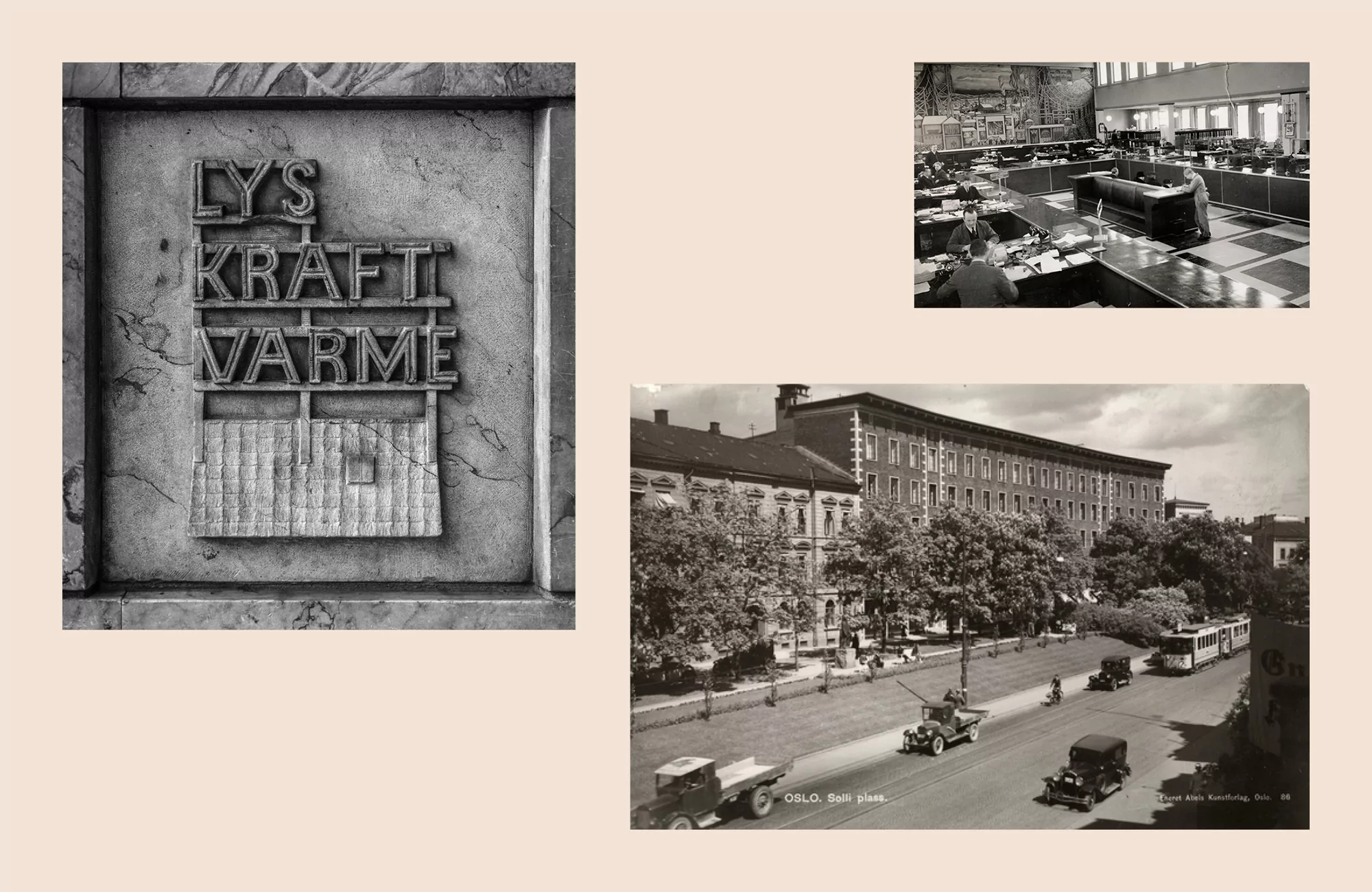 Collage of historical black and white photographs and architectural lettering on a warm beige background.