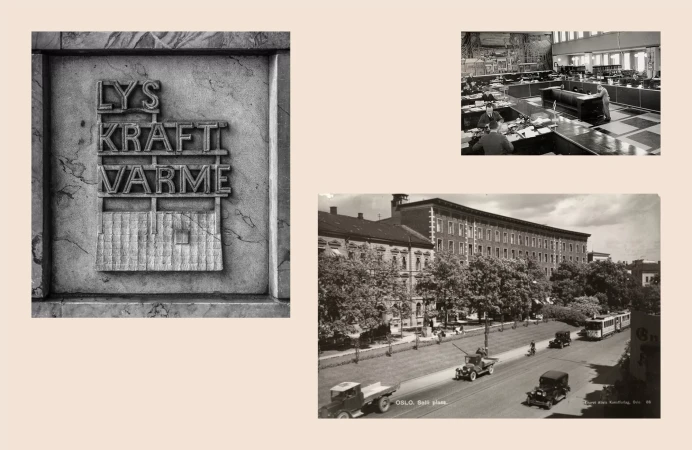Collage of historical black and white photographs and architectural lettering on a warm beige background.
