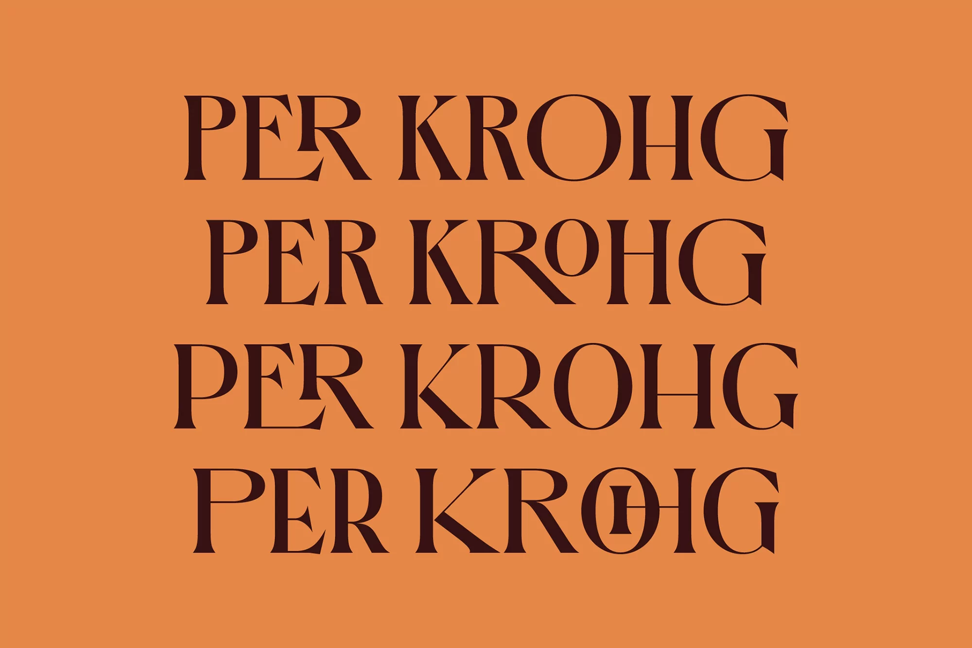 Text art with 'PER KROHG' repeated in brown font against a tan background. Strong font and color contrast provide high visibility.