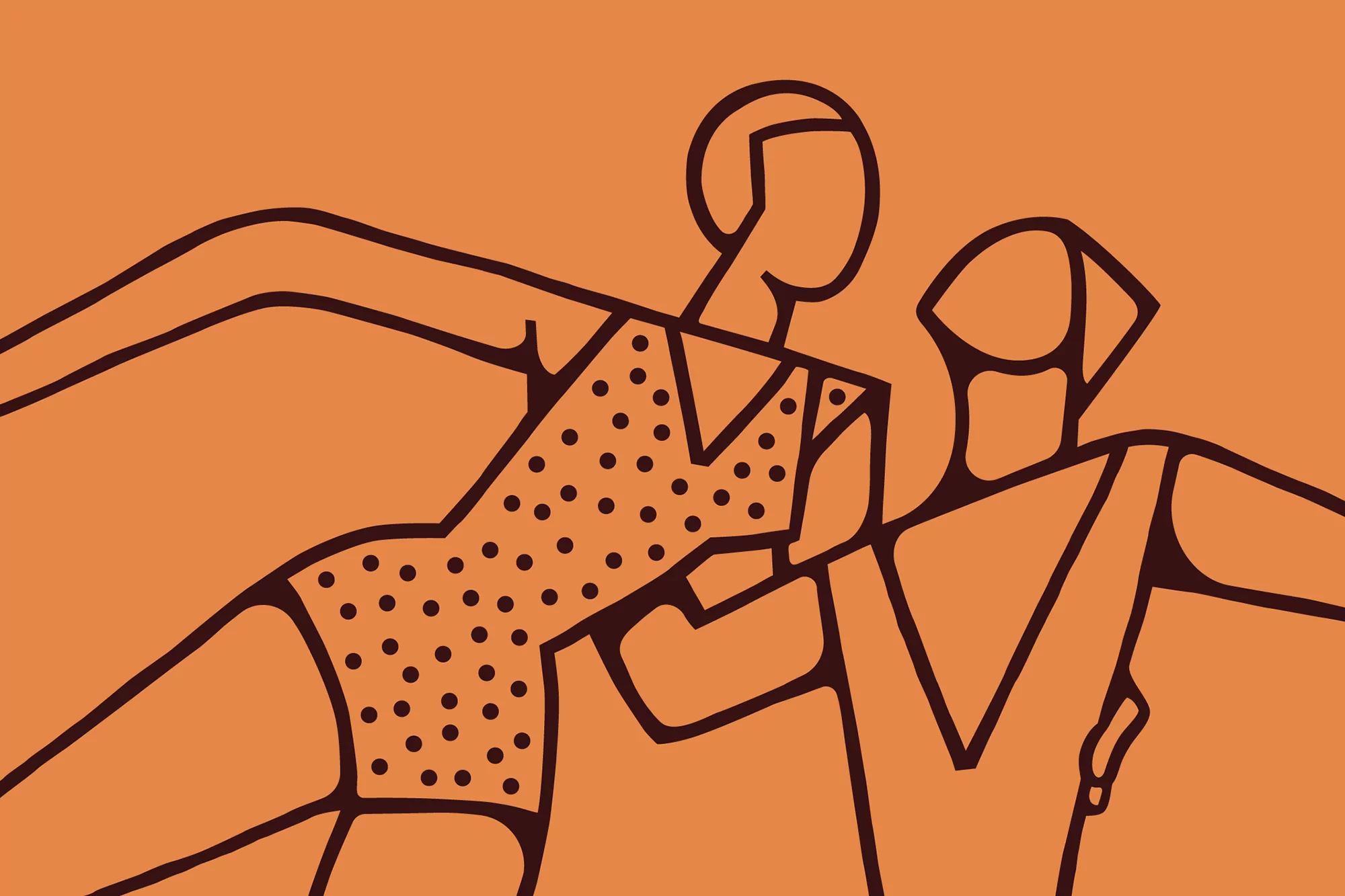 Illustration of two stylized swimmers wearing patterned swimsuits, depicted with bold outlines against an orange background.