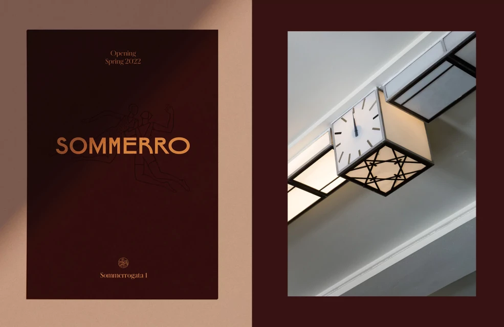 A two-panel image features a dark brown book cover with the title 'SOMMERRO' in gold and a modern clock with geometric framing on a wall.