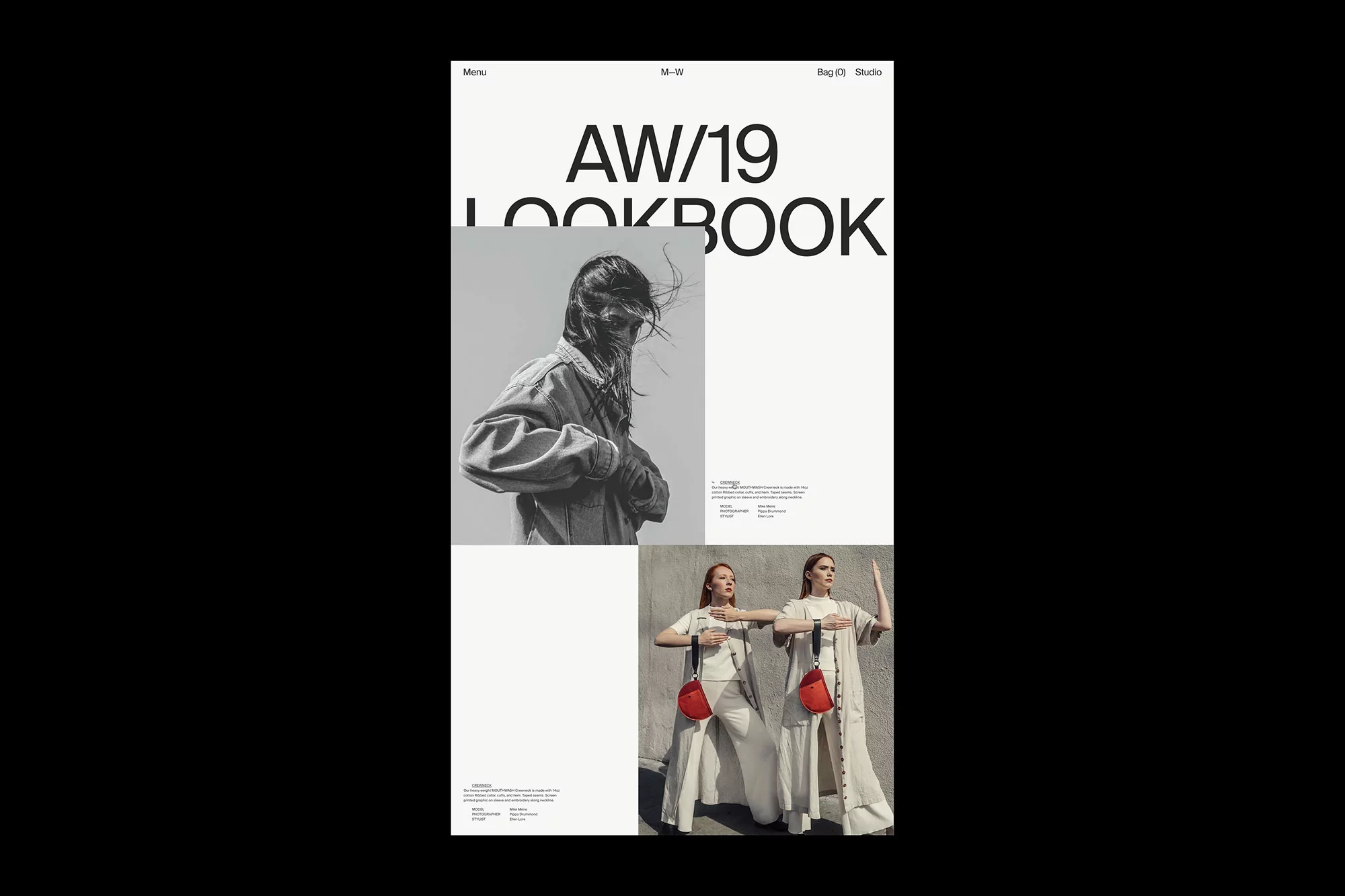 Fashion editorial featuring two women in white outfits with red bags, juxtaposed with a black and white portrait, and large text overlay.