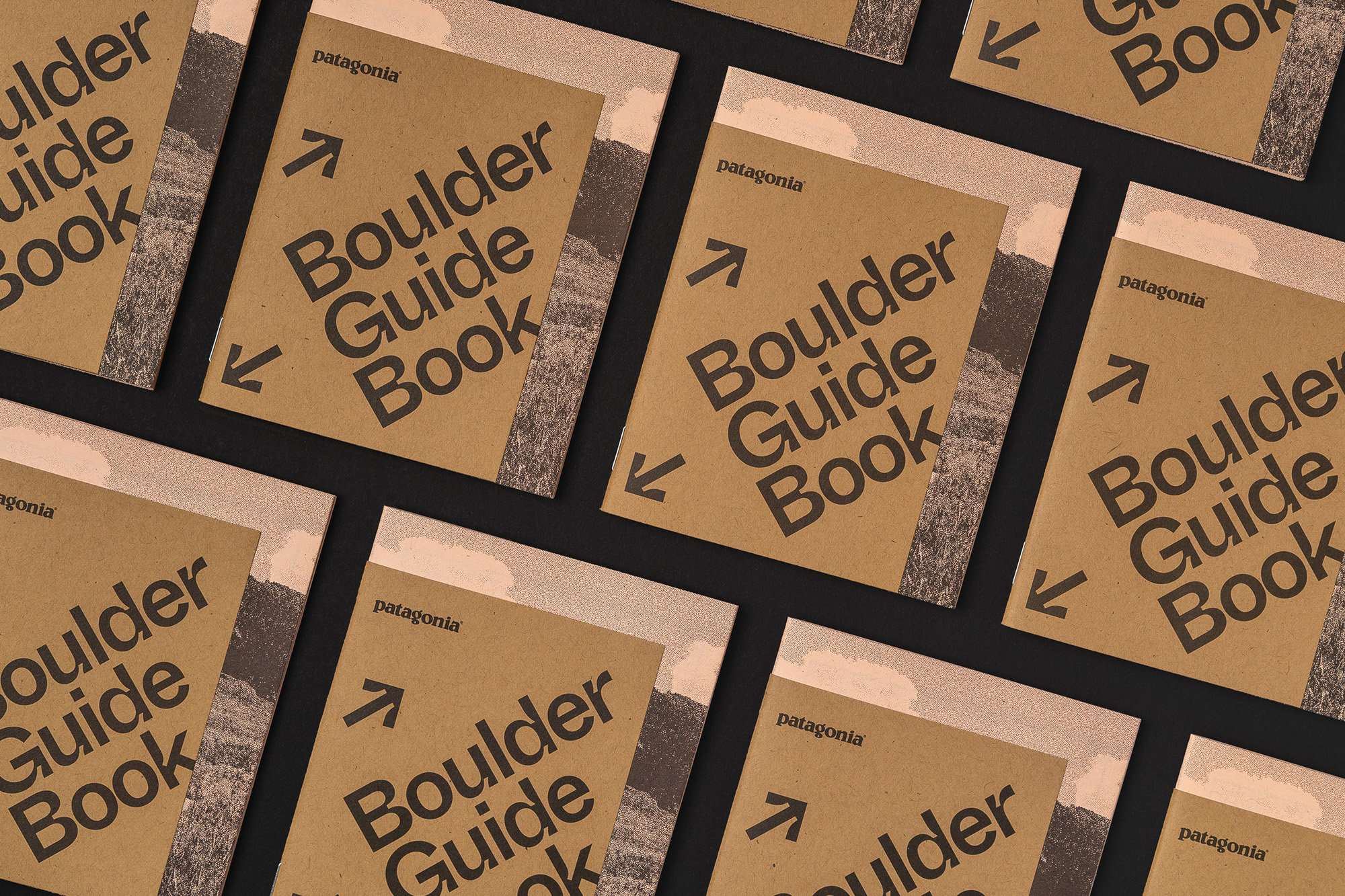Multiple copies of the Patagonia Boulder Guide Book with arrows pointing to the text, set against a dark background.