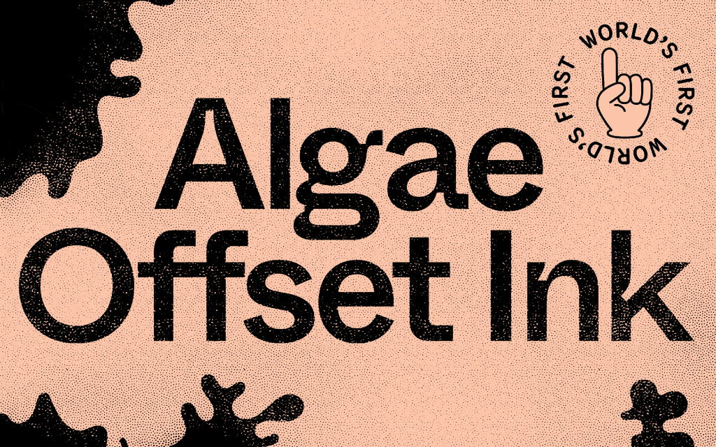 Graphic design featuring the text 'Algae Offset Ink' in black, set against a speckled peach background with abstract black shapes.