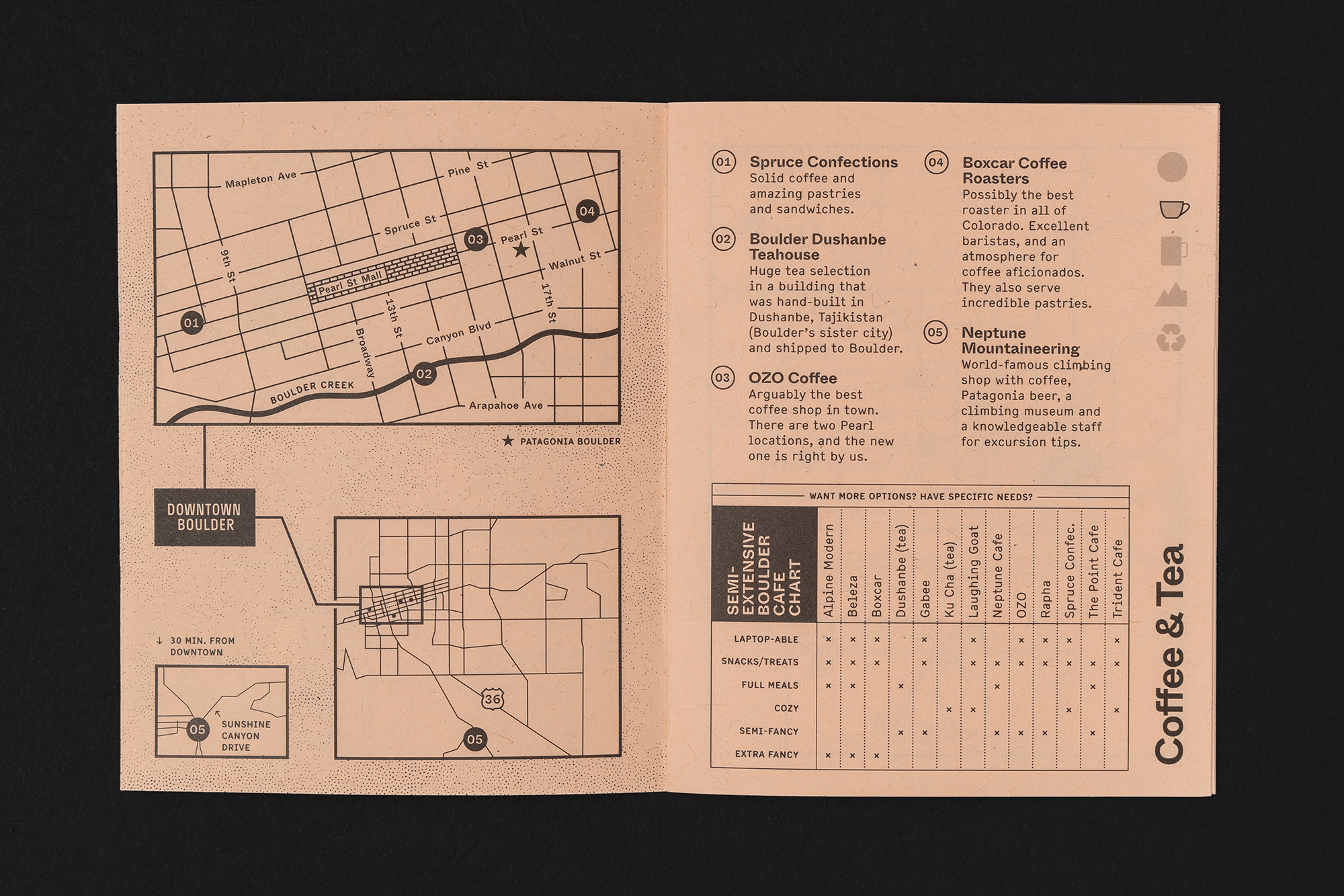 An open printed brochure showing a black map on pink paper with street names and numbered location markers alongside descriptive coffee shop text.