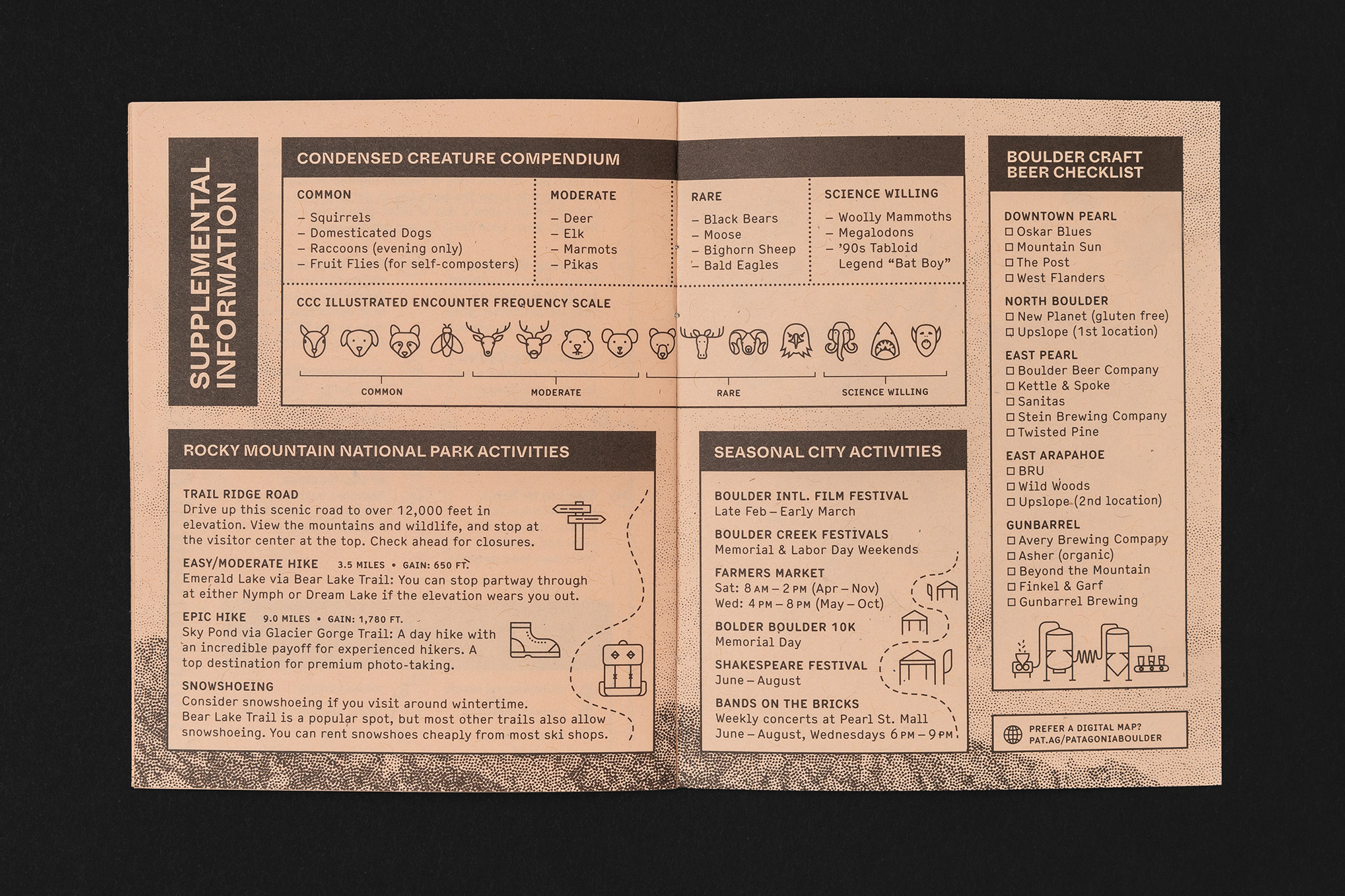 An open informational pamphlet featuring typography, lists, and graphic icons on textured paper.