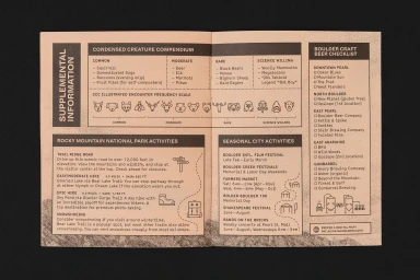 An open informational pamphlet featuring typography, lists, and graphic icons on textured paper.