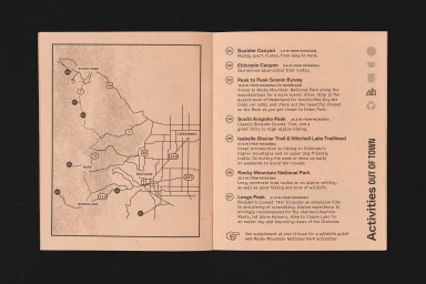 Open pamphlet layout with a printed map on the left page and numbered itinerary list on the right page on peach-toned paper.