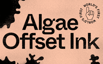 Graphic design brand identity featuring bold black typography reading Algae Offset Ink on a peach background with stippling texture.