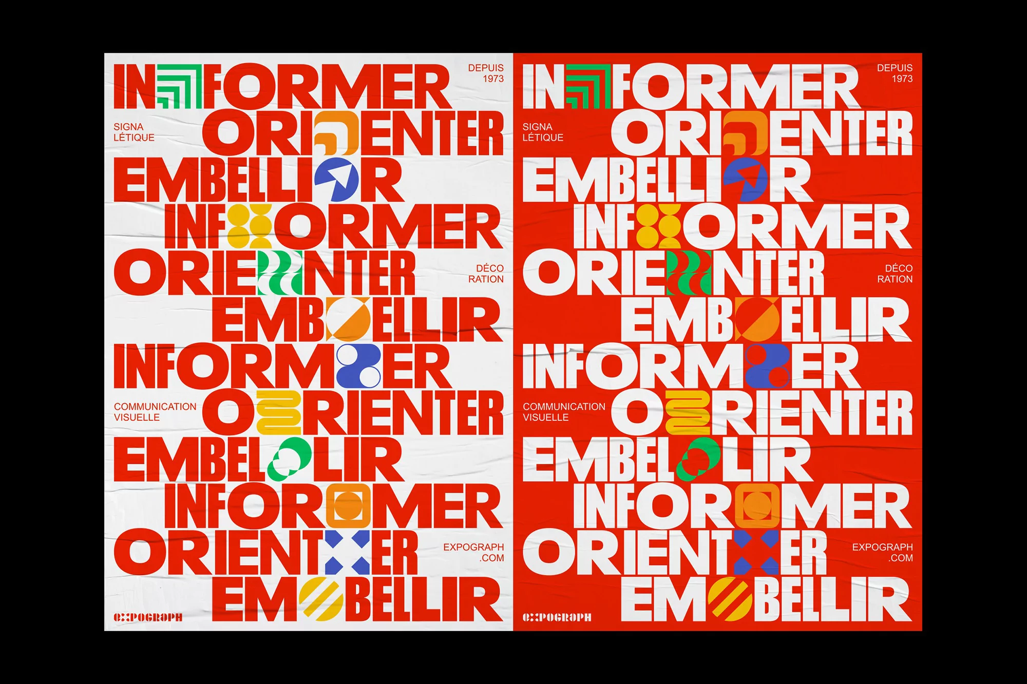 Vibrant graphic design poster featuring colorful typography with words like 'Informer,' 'Orienter,' and 'Embellir' in a bold, geometric style.