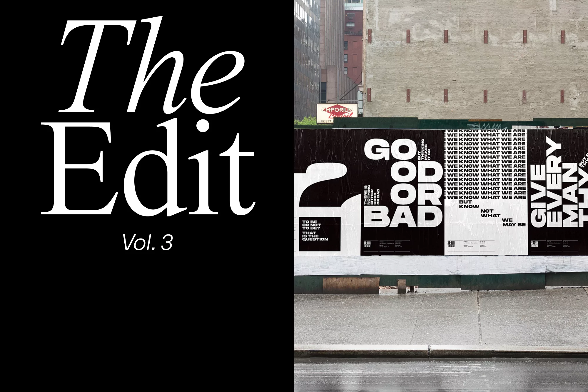 Black and white graphic design for "The Edit Vol. 3" beside an urban backdrop with posters, buildings, and a wet sidewalk.