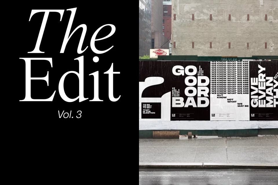 Black and white graphic design for "The Edit Vol. 3" beside an urban backdrop with posters, buildings, and a wet sidewalk.