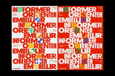 Graphic brand identity poster design featuring repetitive bold typography in red, white, blue, and green with geometric graphic marks.