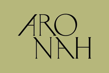 Typographic brand identity design featuring the word ARONAH in custom black serif letters centered against an olive green background.