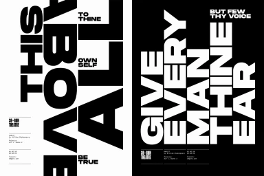 Bold typographic graphic design layout featuring contrasting black and white panels with large uppercase text