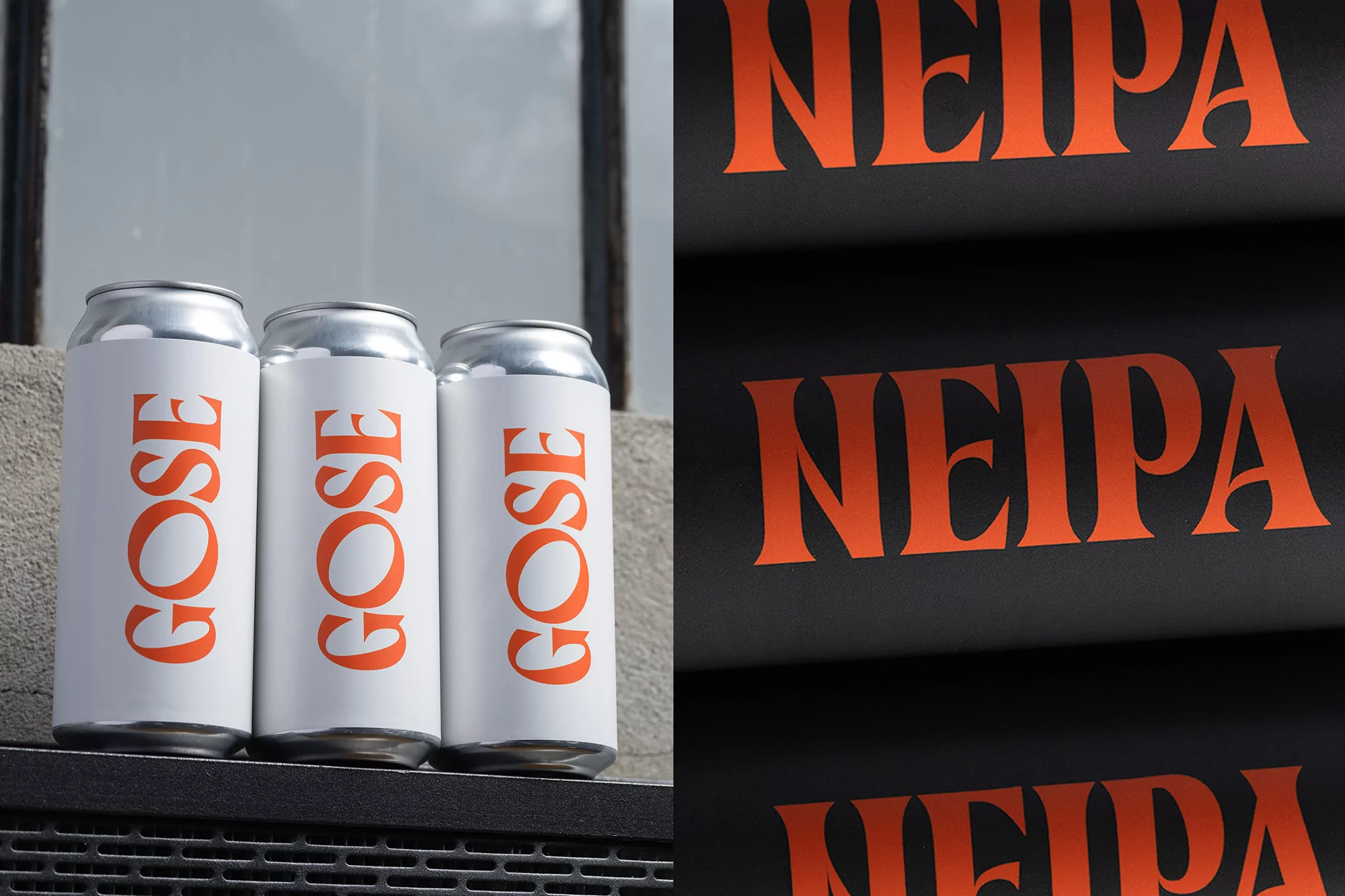 Three beverage cans with 'GOSE' text, arranged near a window, contrasted by a dark background with repeating 'NEIPA' text.
