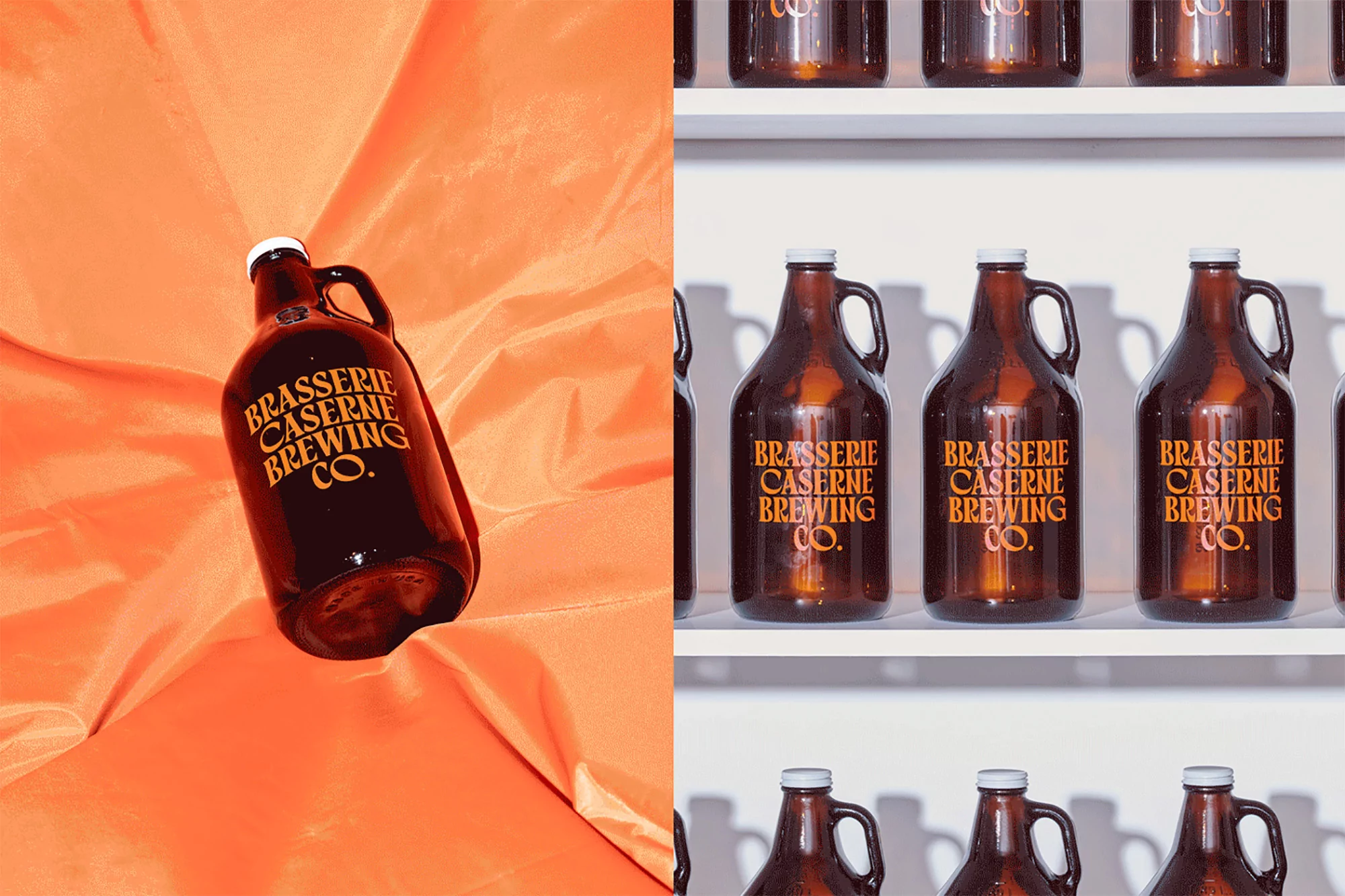 Brasserie Caserne Brewing Co. bottles on display against an orange fabric and white shelving for product marketing and advertising.