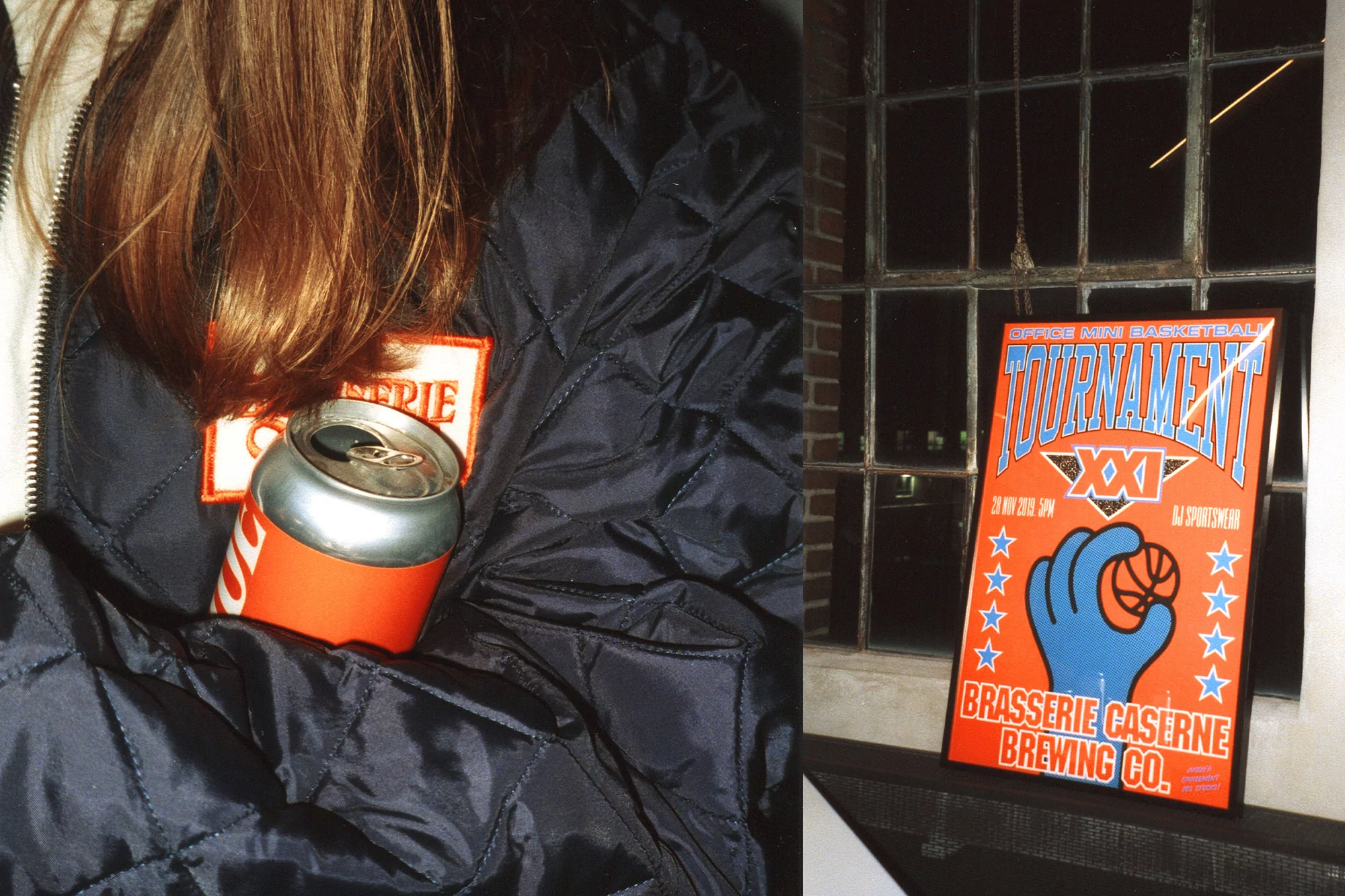 Person's hair alongside a can of soda on a quilted jacket and a poster in a window advertising a basketball tournament.