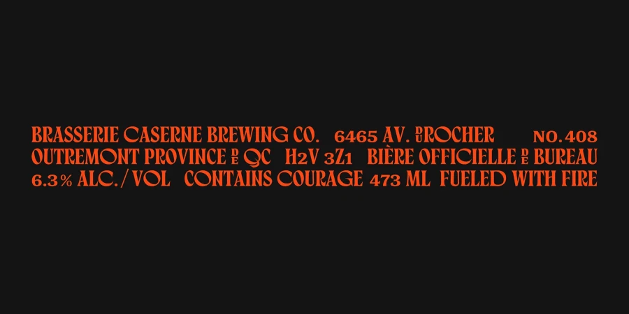 Detailed orange text on a black background displaying beer label information, including brewery name, address, and product details.