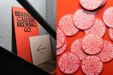 Brasserie Caserne Brewing Co. brand identity featuring orange signage and circular typography coasters by Caserne.