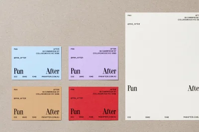 Pan After brand identity stationery featuring business cards in various pastel colors and letterhead on textured brown paper.