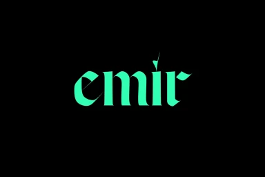 Bright turquoise custom typography spelling emir centered against a solid black background.