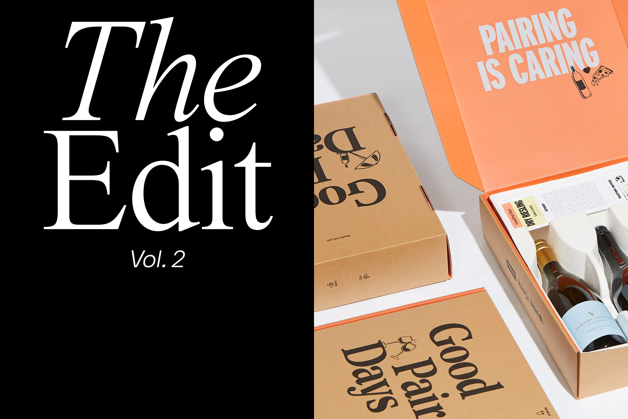 Boxes of wine subscription service with message 'Pairing is Caring' on orange background with black text on left side.