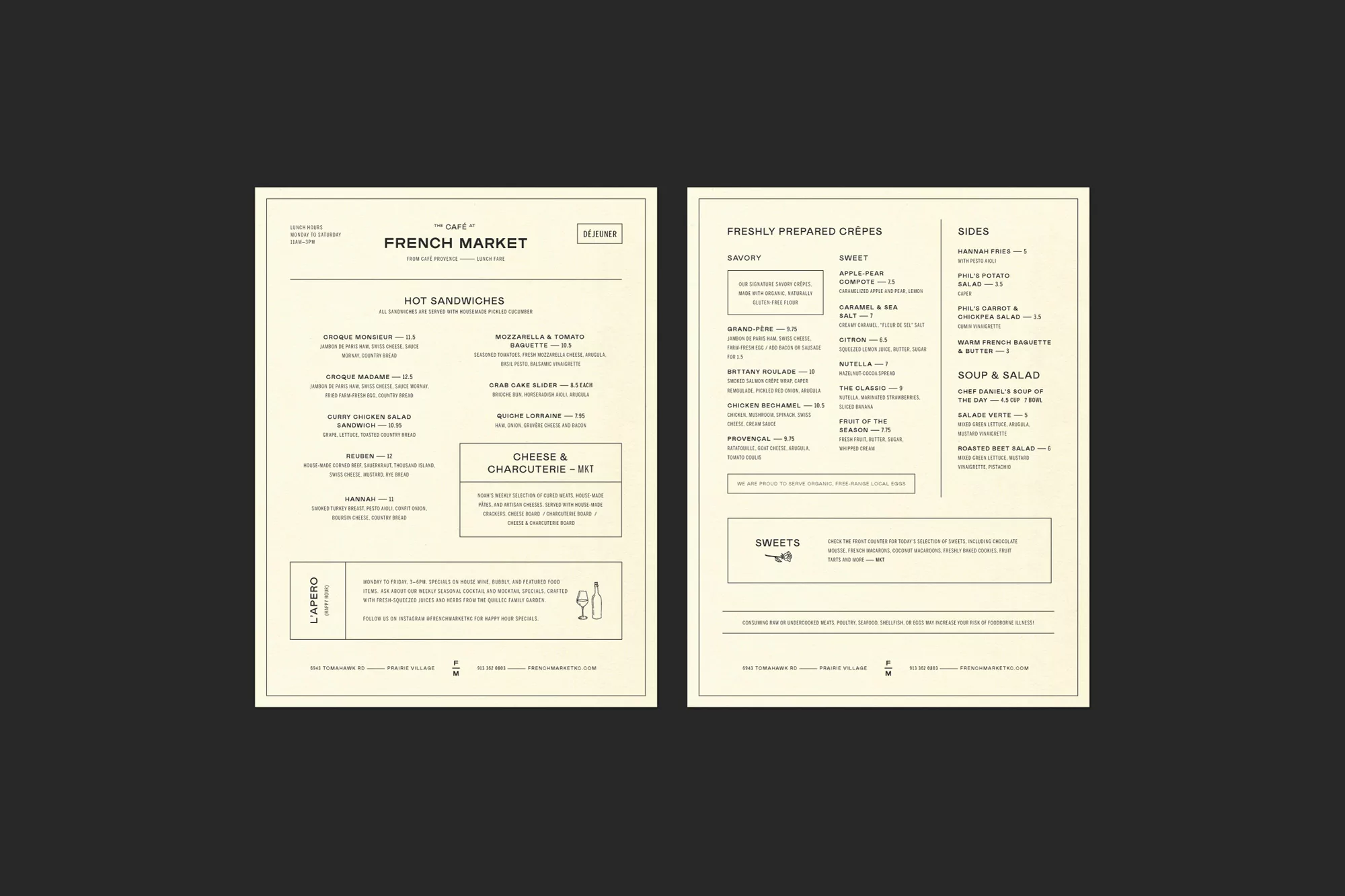 A beige-toned menu displays sandwiches, crepes, and salads with a modern, minimalist layout, perfect for a cafe or restaurant.
