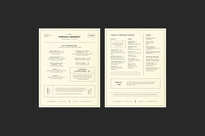 A beige-toned menu displays sandwiches, crepes, and salads with a modern, minimalist layout, perfect for a cafe or restaurant.