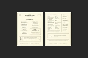 Two cream-colored menu cards with dark typography displayed against a solid dark grey background.