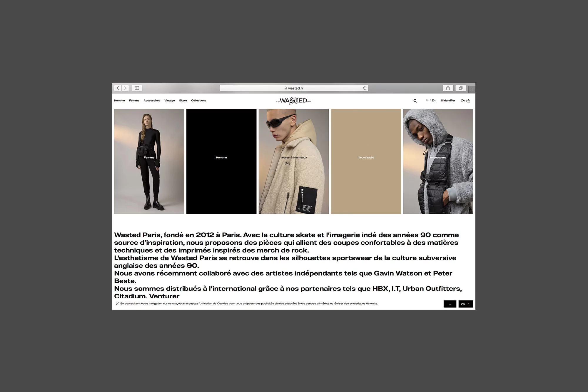Wasted Paris website showing fashion models wearing clothing from the brand, featuring the brand's logo and text description of its history.